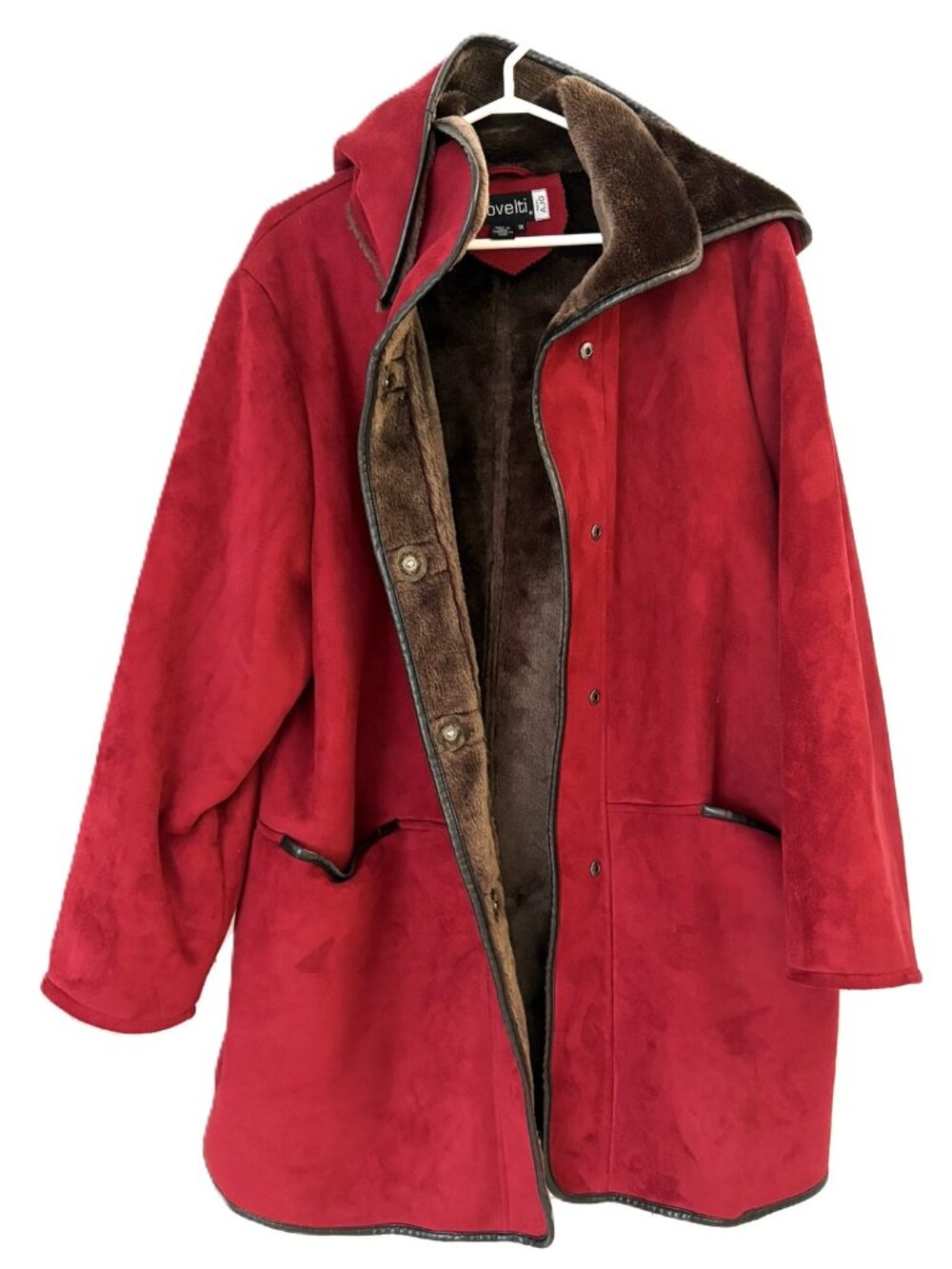 Novelti Red Faux-Suede Coat with Brown Faux-Fur Lining & Hood Size 1X